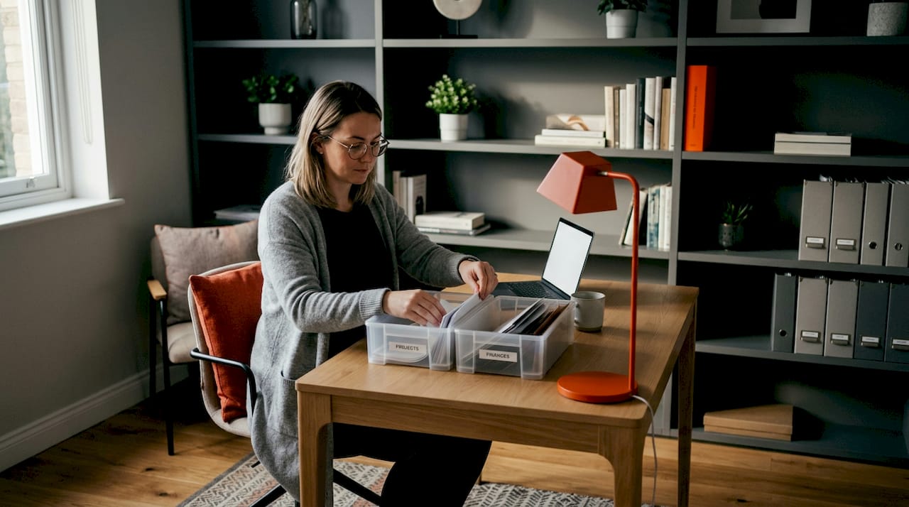 Woman organizing documents in tidy home office