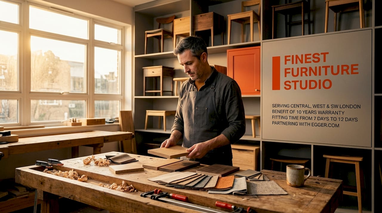 Furniture maker examining timber and fabric samples