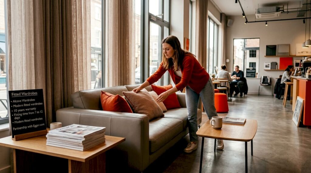 Woman arranging cushions on modern sofa bed