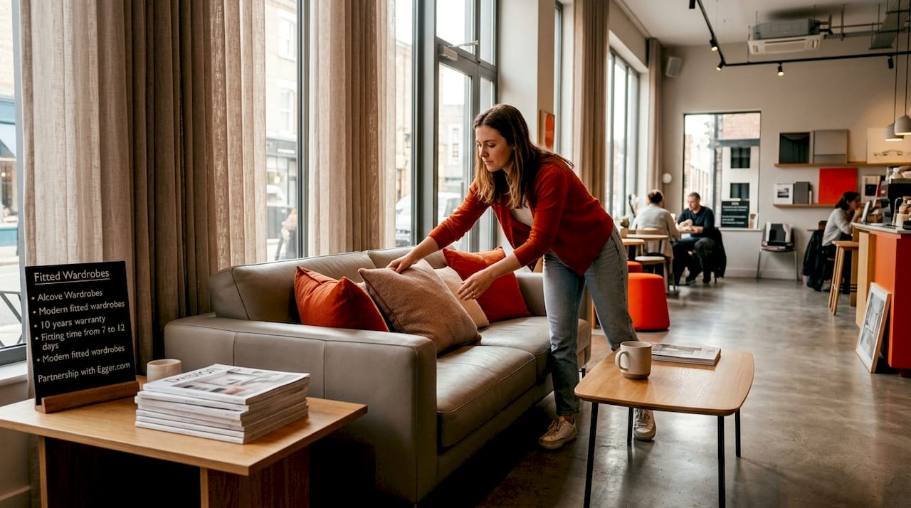 Woman arranging cushions on modern sofa bed