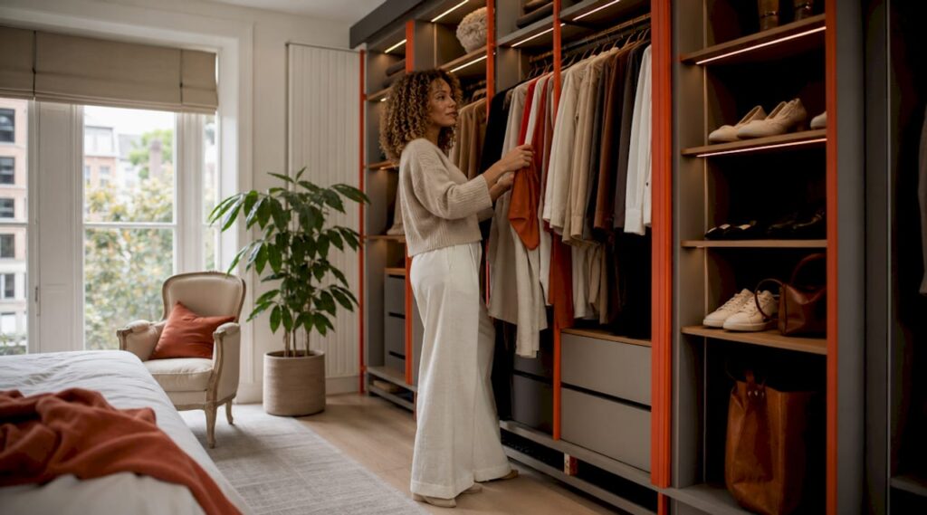 Woman selecting clothes from open wardrobe in London bedroom