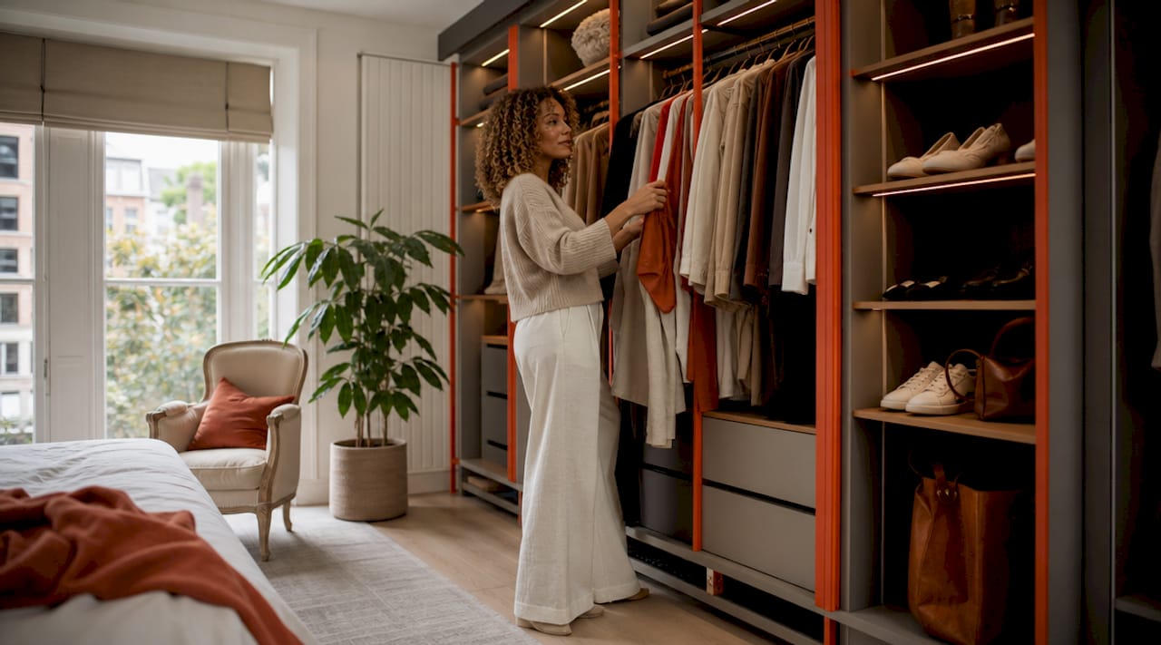 Woman selecting clothes from open wardrobe in London bedroom