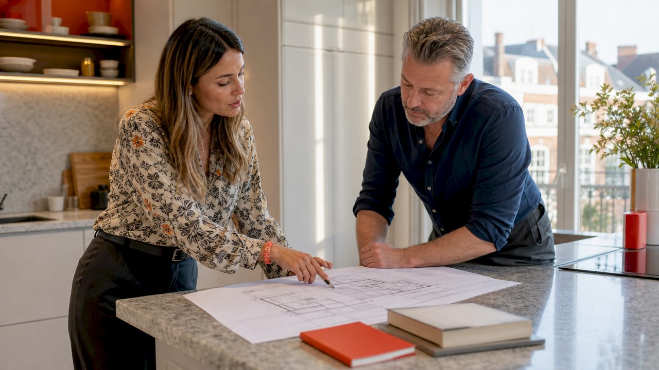 Designer consulting homeowner on furniture layout