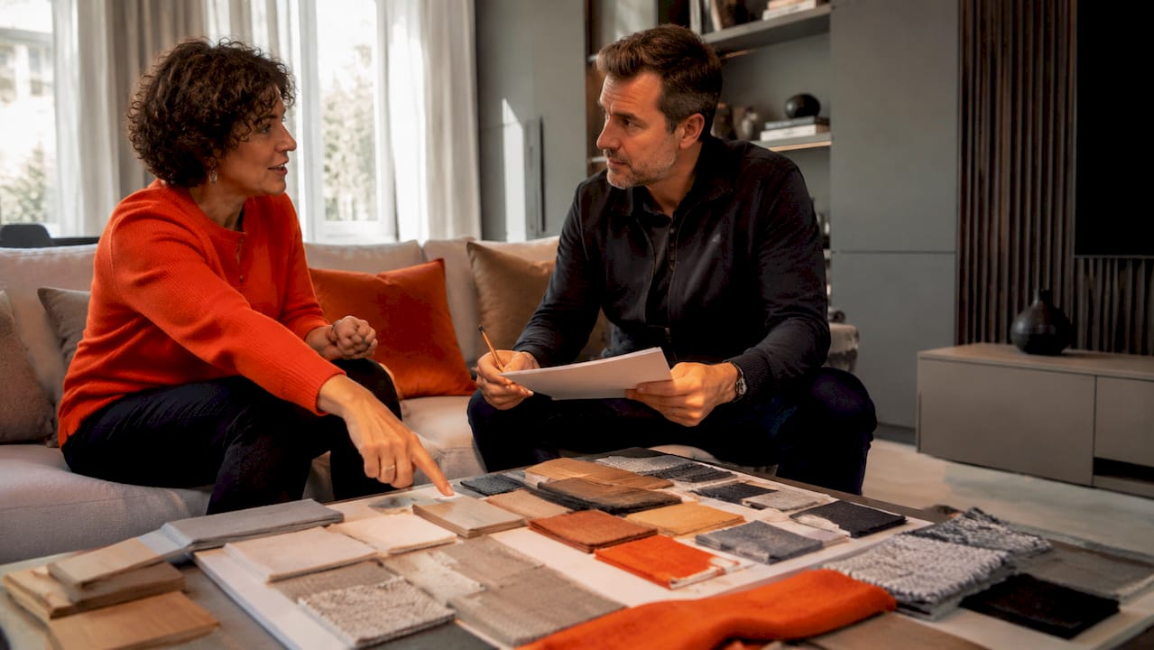 Woman and craftsman discussing bespoke furniture budget