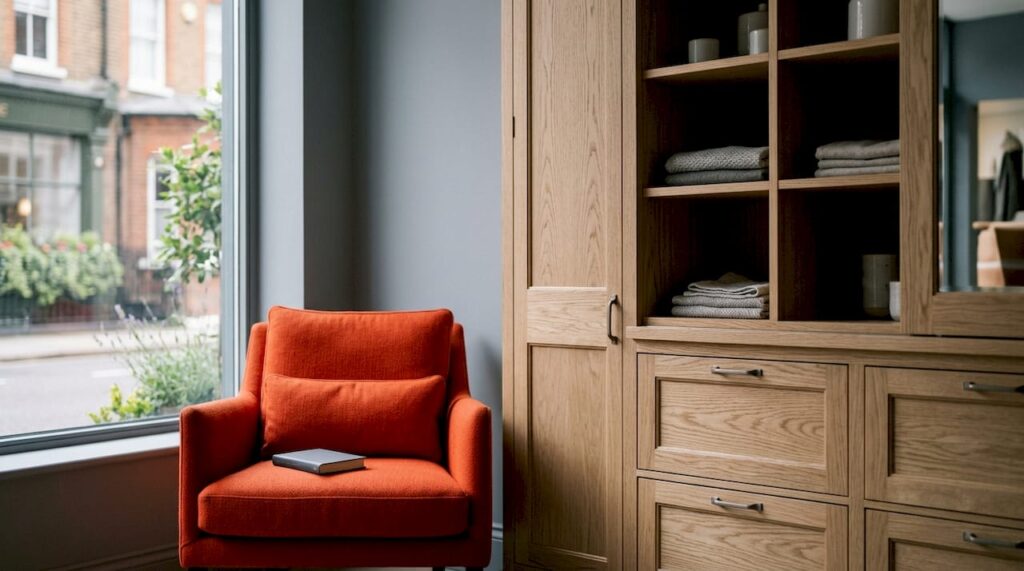 Full wall bespoke fitted wardrobe in modern London home showroom