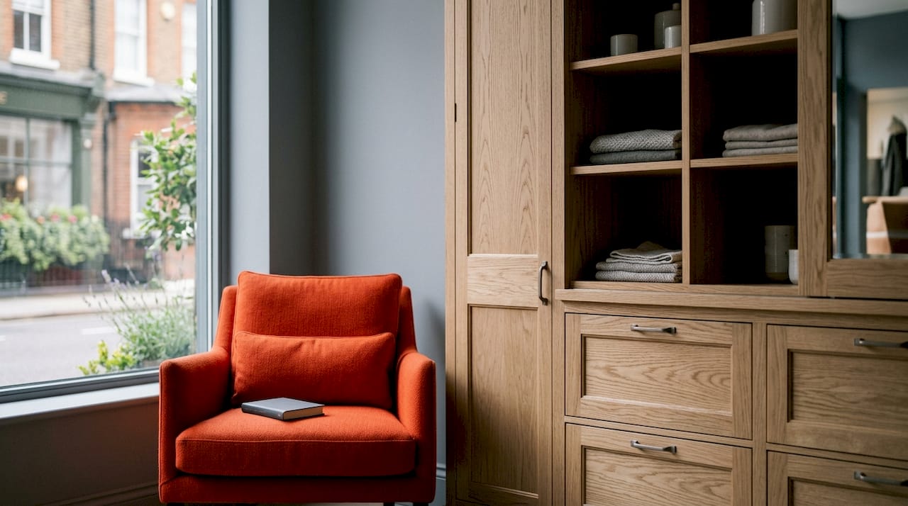 Full wall bespoke fitted wardrobe in modern London home showroom