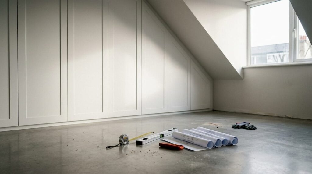 Loft bedroom with bespoke fitted wardrobes installation