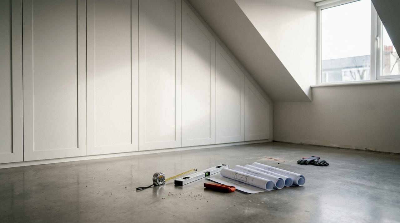 Loft bedroom with bespoke fitted wardrobes installation
