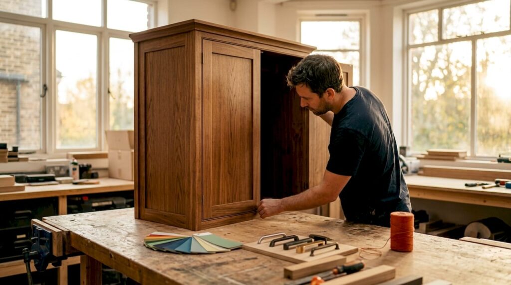 Craftsman inspecting bespoke fitted wardrobe in London studio