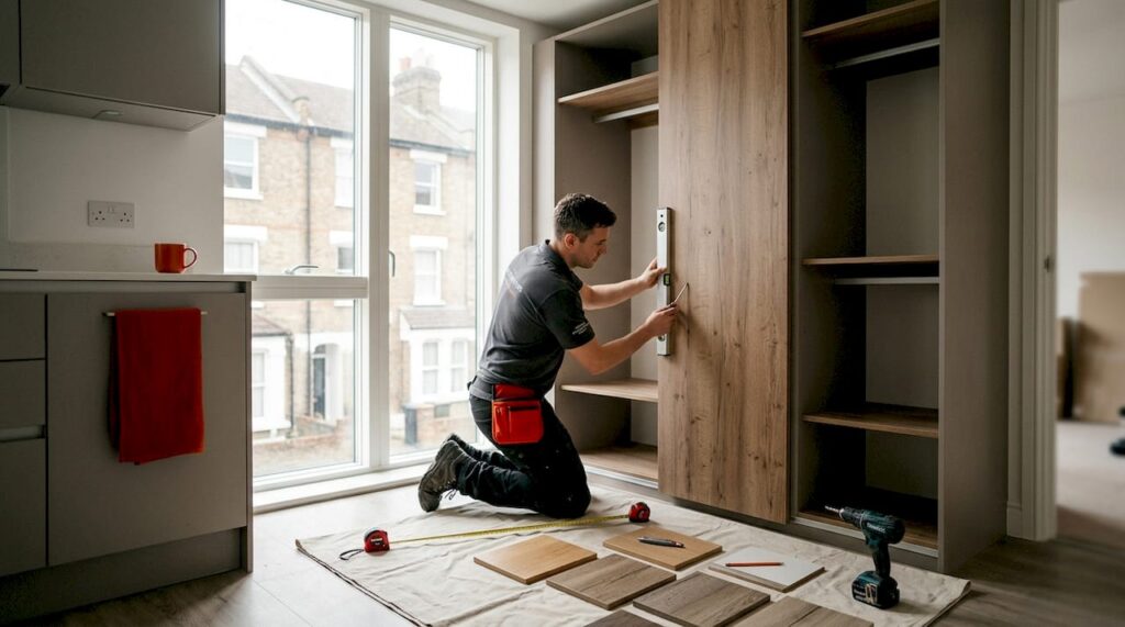 Installer fitting bespoke wardrobes in London loft room