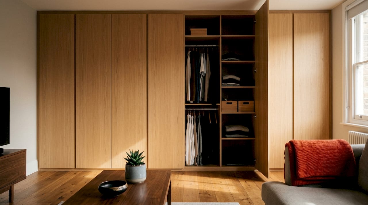 Wall-to-wall bespoke fitted wardrobe in London showroom
