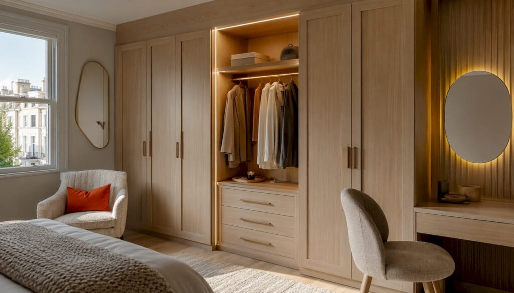 Bespoke fitted wardrobe in modern London bedroom