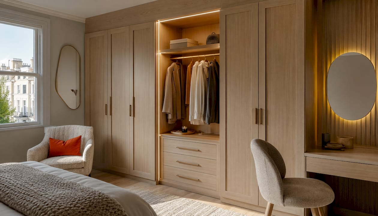 Bespoke fitted wardrobe in modern London bedroom