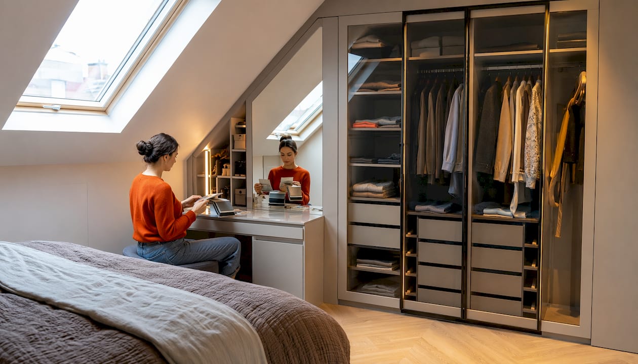 Loft room bespoke fitted wardrobe interior with dressing table