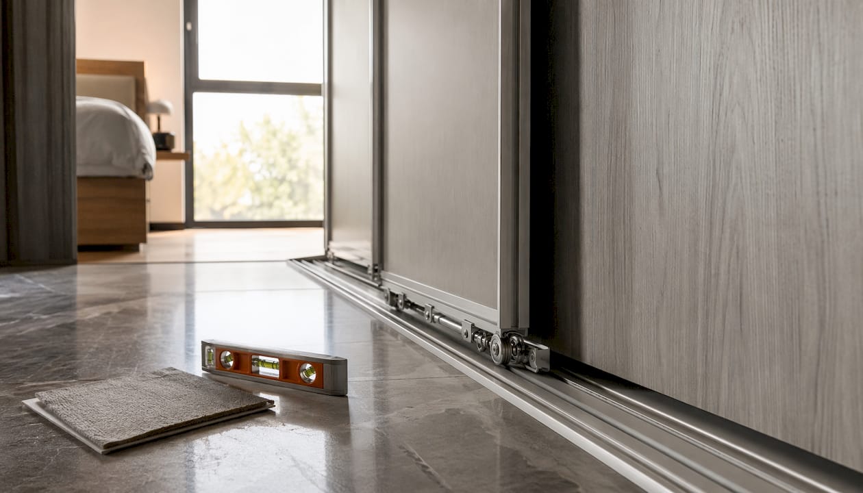 Close-up of bottom-rolling sliding door mechanism in loft wardrobe