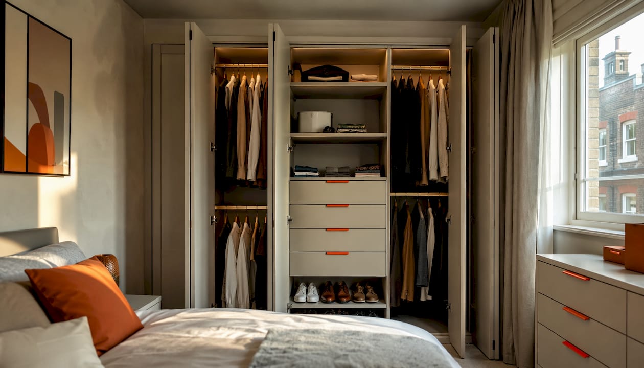Open modern fitted wardrobe interior in London bedroom