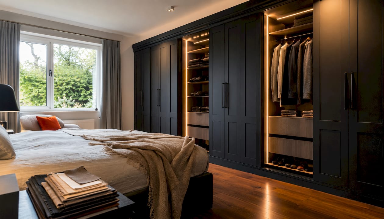 Modern bespoke fitted wardrobe wall in London bedroom