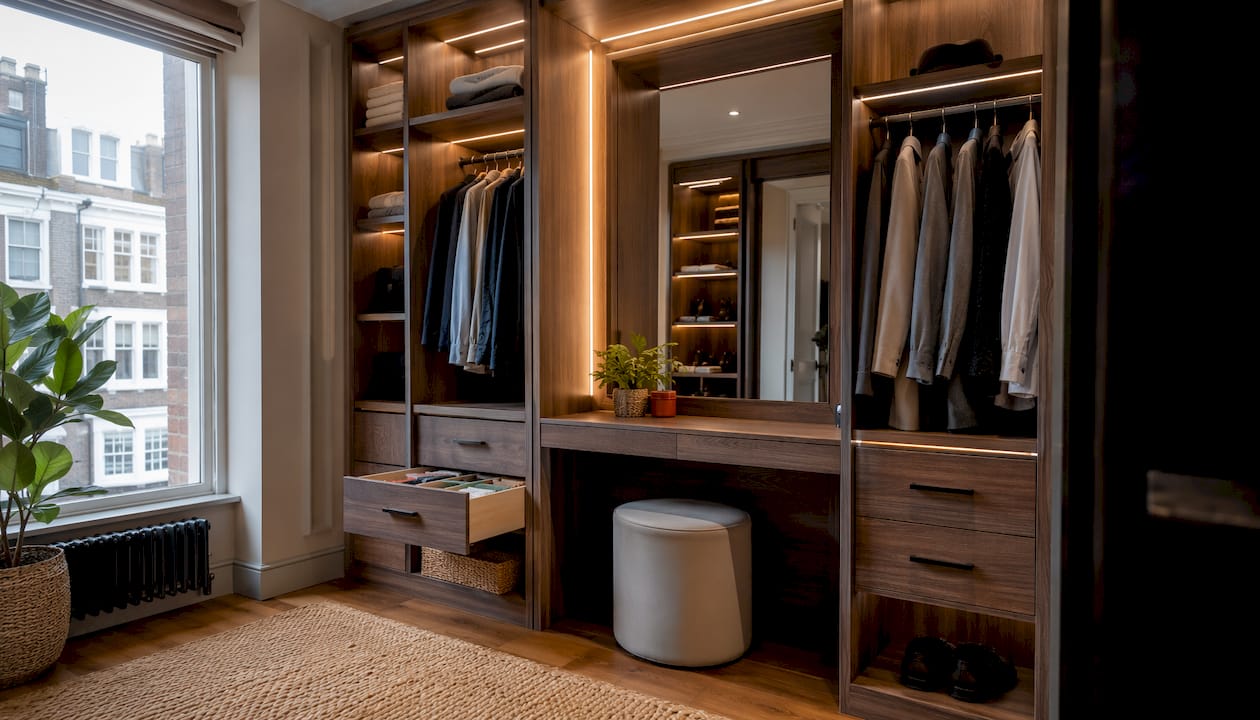 Custom wardrobe interior with storage and dressing table