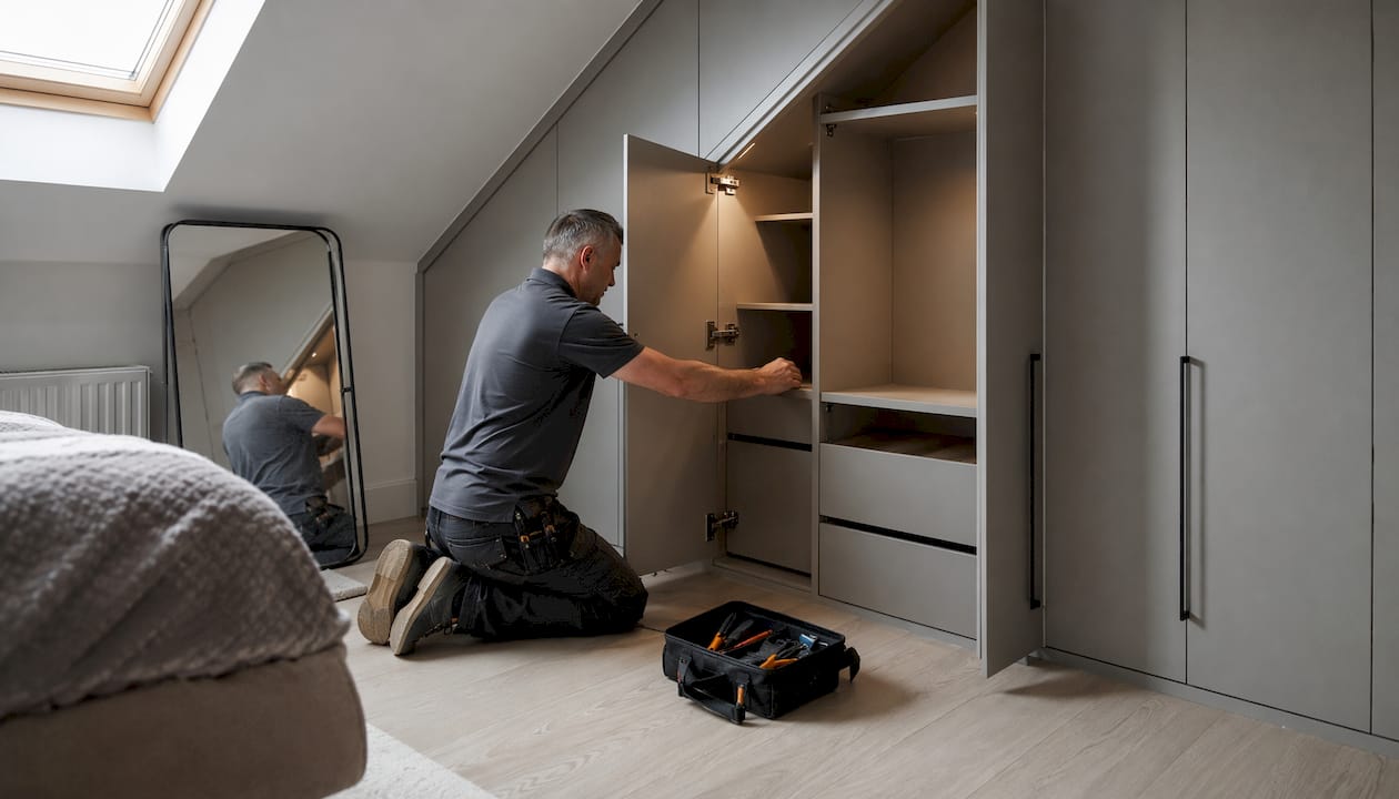 Installer adjusting fitted loft wardrobes in London home