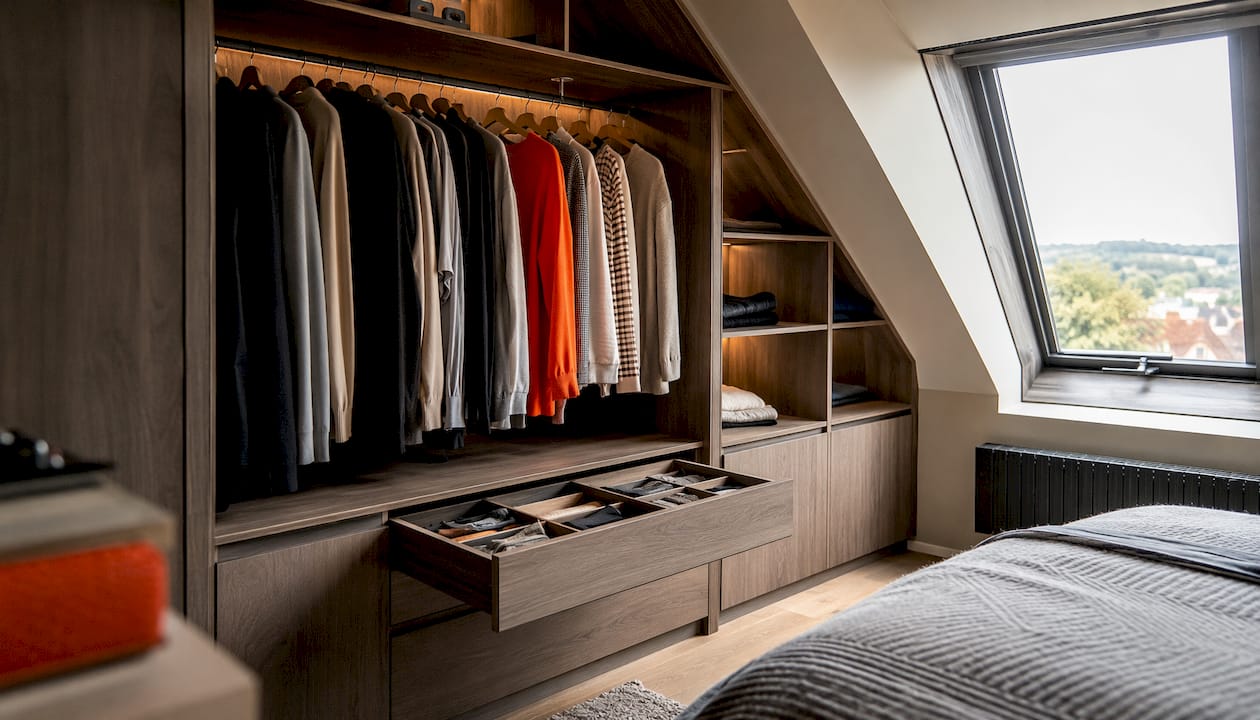 Interior of bespoke wardrobe with hanging system