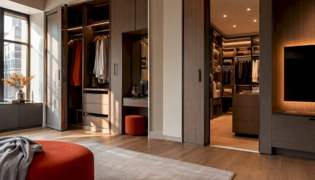 Bespoke fitted wardrobes showroom with wood finishes