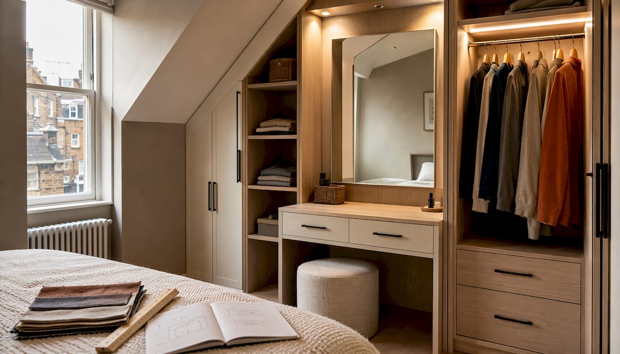 Interior of bespoke fitted loft wardrobe in small bedroom