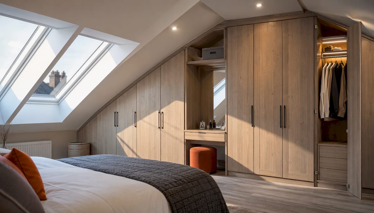 Modern loft fitted wardrobe with dressing table