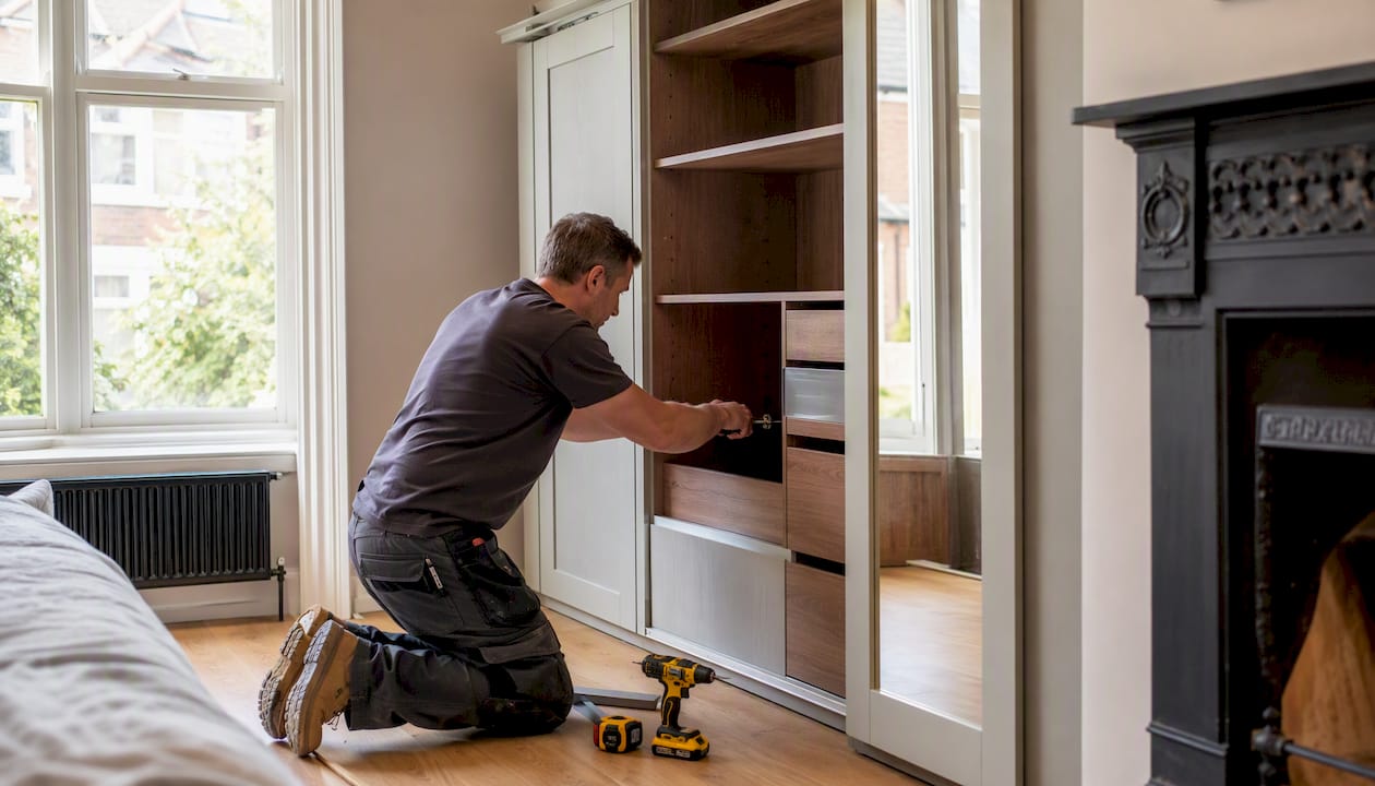 Craftsman's hands fitting bespoke London wardrobe