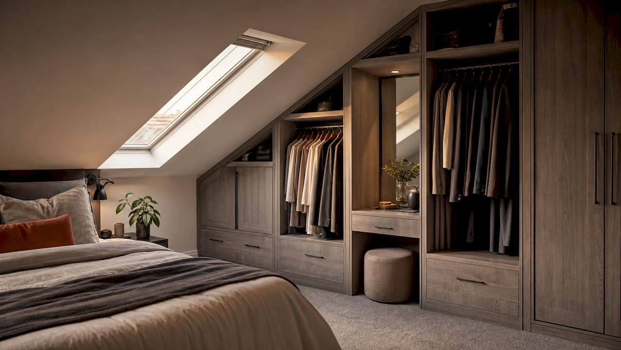 Bespoke loft wardrobe fitted under sloped ceiling