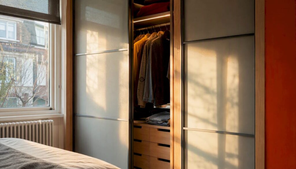 Frosted glass sliding wardrobe doors in London bedroom