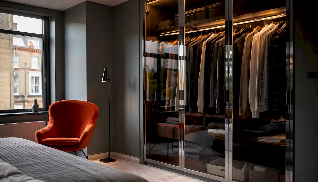 Clear glass wardrobe doors showing interior contents