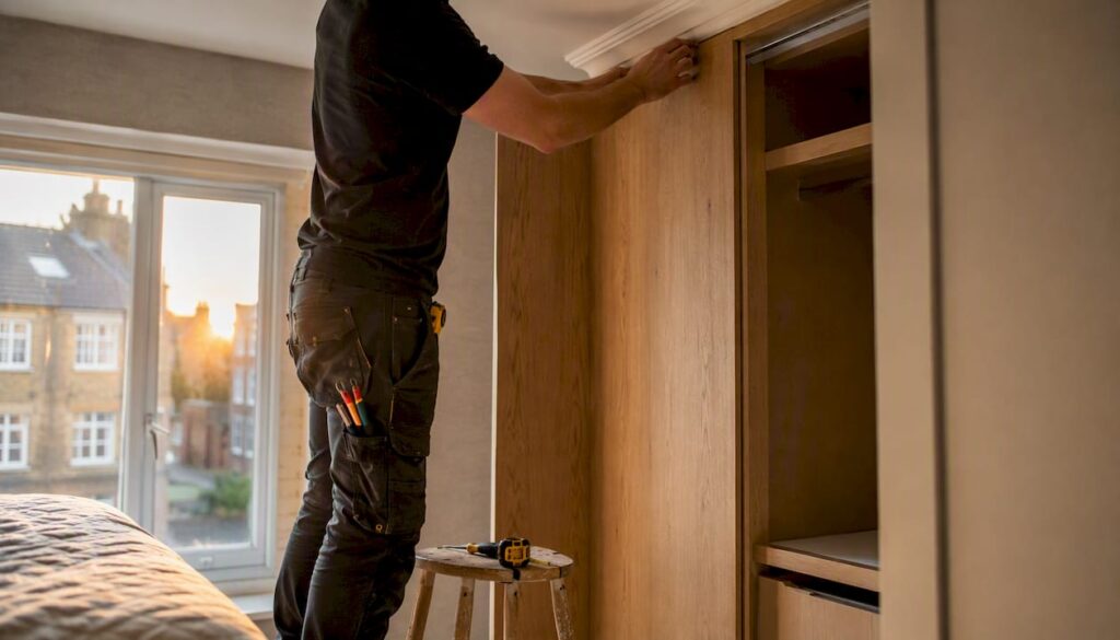 Installer fitting bespoke wardrobe near coving
