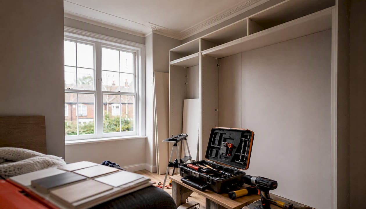 Installation tools and material sample in bespoke wardrobe room