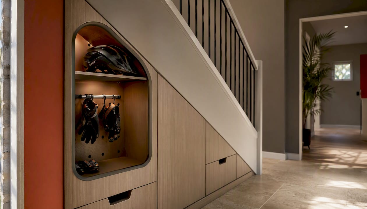 Detail of bespoke under-stair bike storage interior