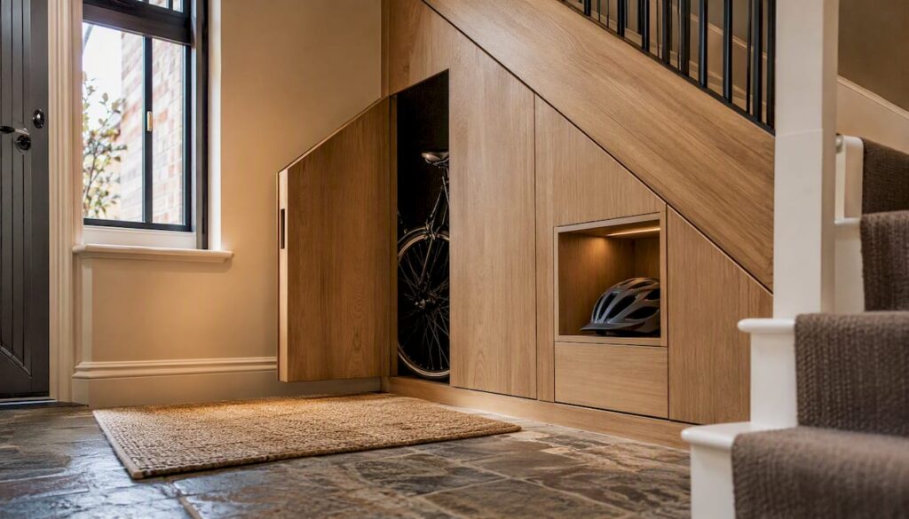 Under-stair bespoke bike storage cupboard open