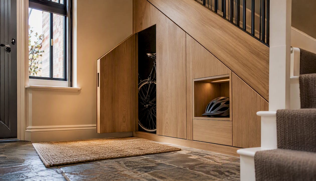 Under-stair bespoke bike storage cupboard open