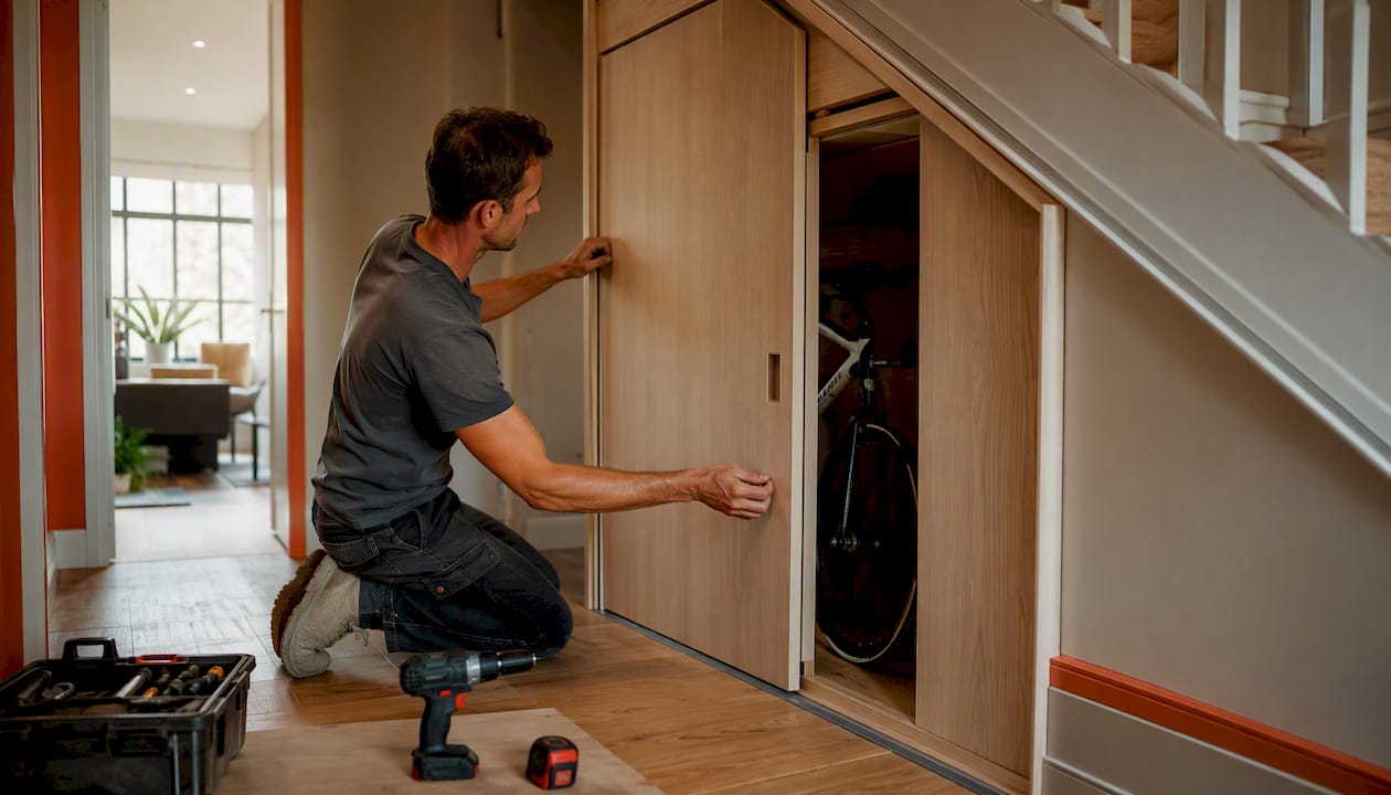 Installer fitting sliding door to under-stair bike cupboard