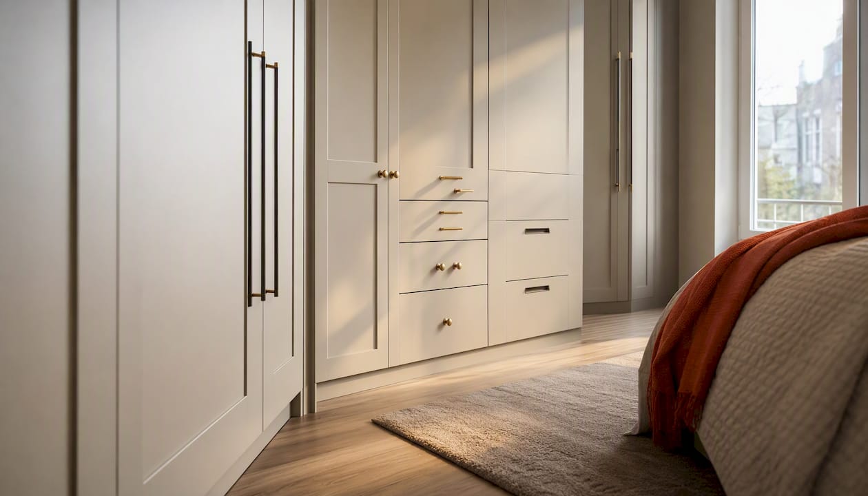 Close-up of bespoke wardrobe handles and doors