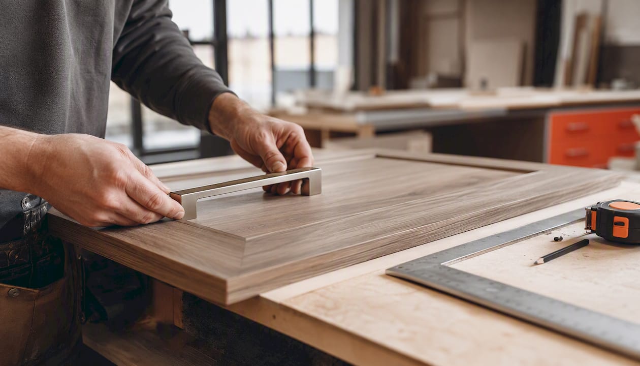Hands inspecting wardrobe handle installation