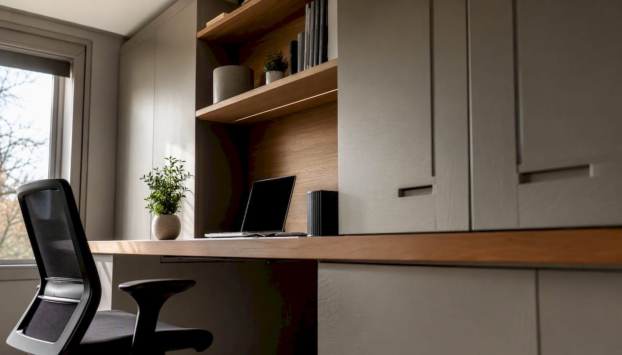 Wall-mounted cabinets with integrated desk surface