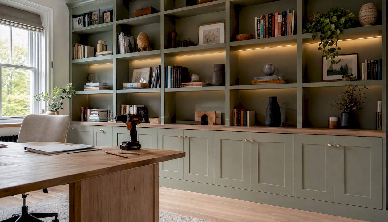 Bespoke bookcase wall fitted in West London home office