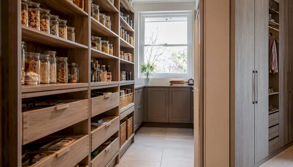 Bespoke walk-in pantry with organised shelving