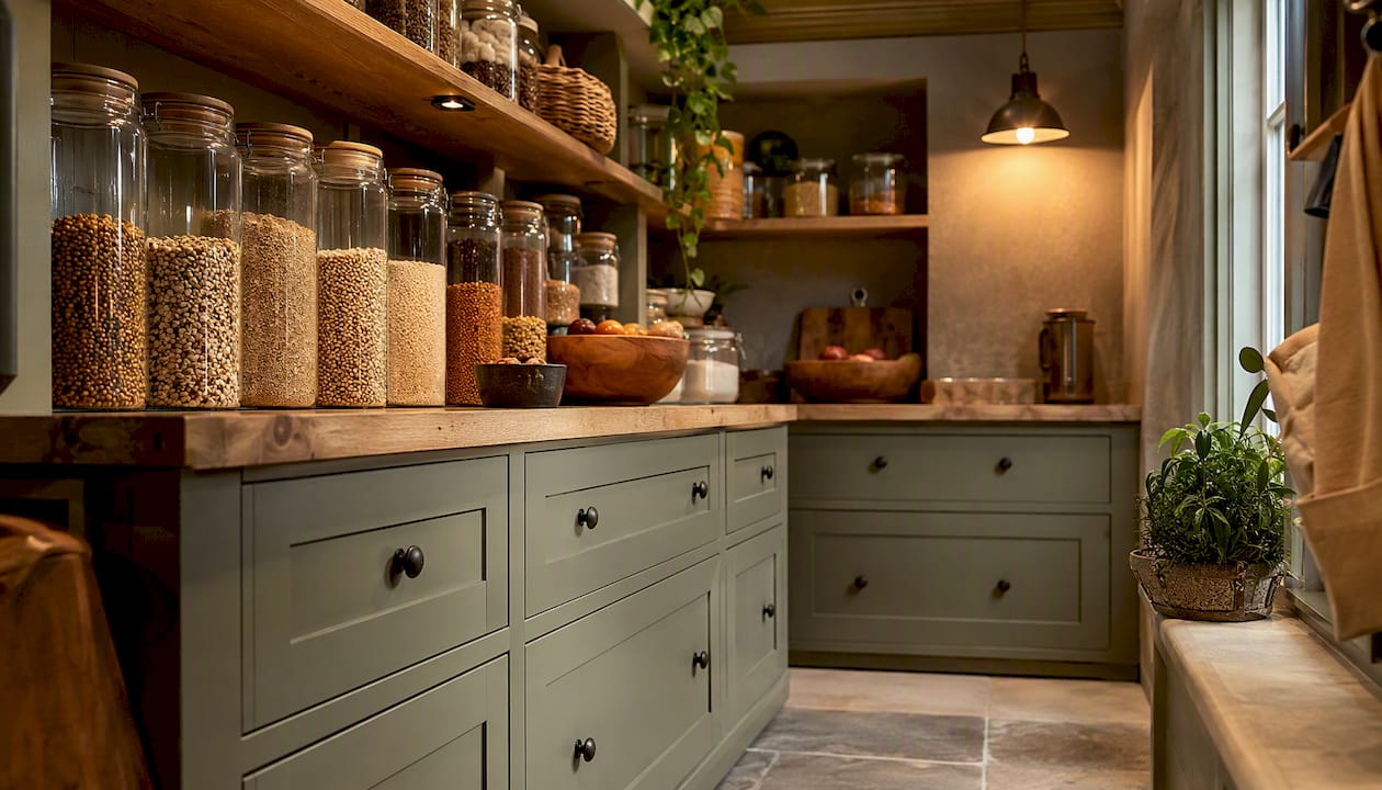 Organised walk-in pantry with jars and drawers