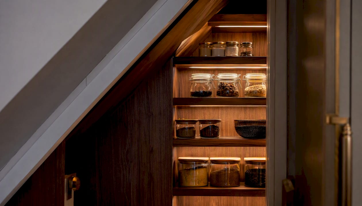 Bespoke pantry shelving adapted to alcove space