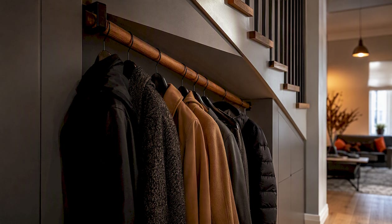 Coats on any-angle hanging rail under stairs