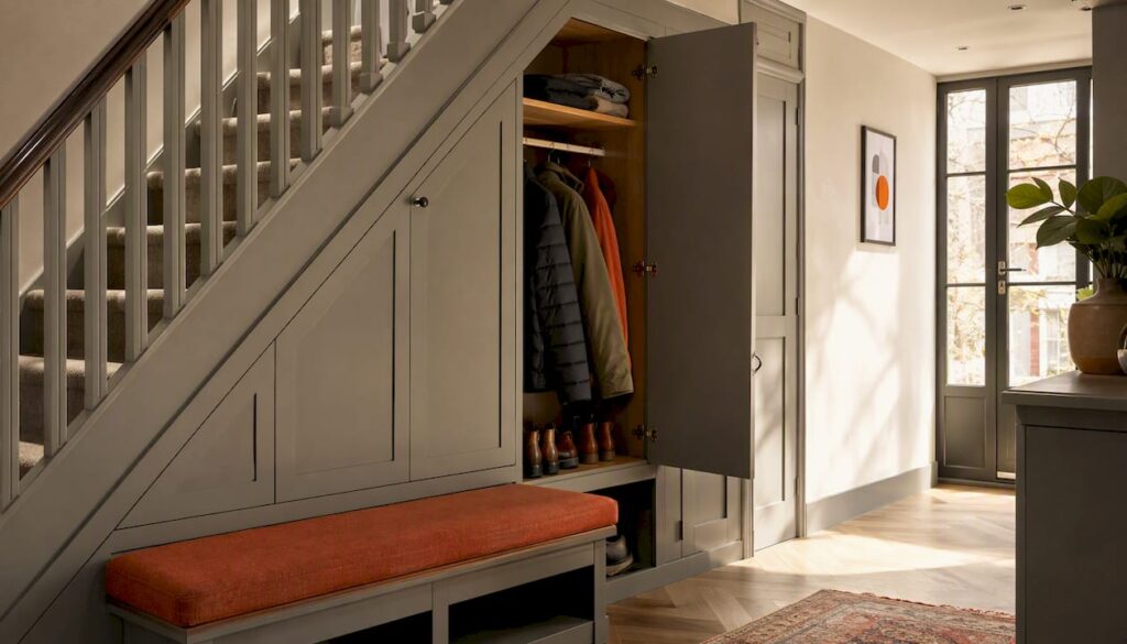 Bespoke under stairs coat storage cupboard in London hallway