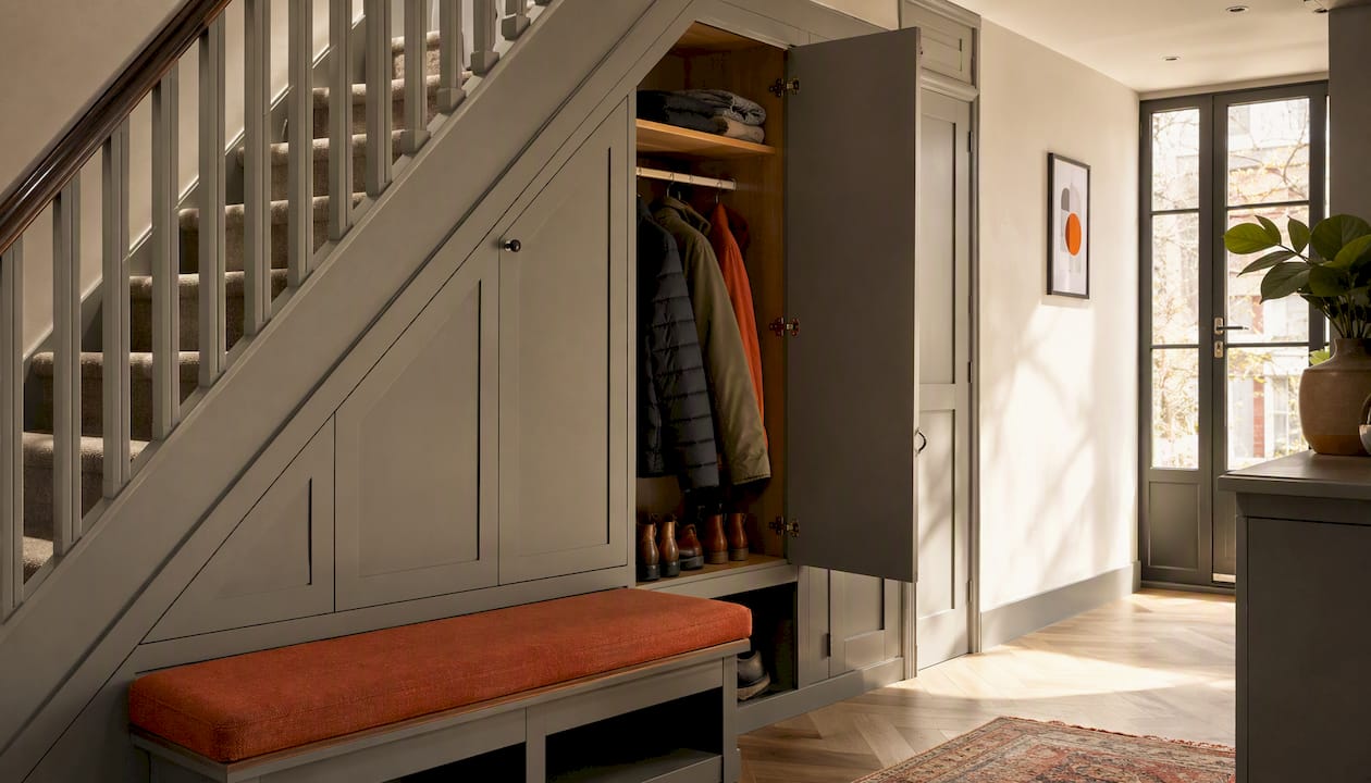 Bespoke under stairs coat storage cupboard in London hallway