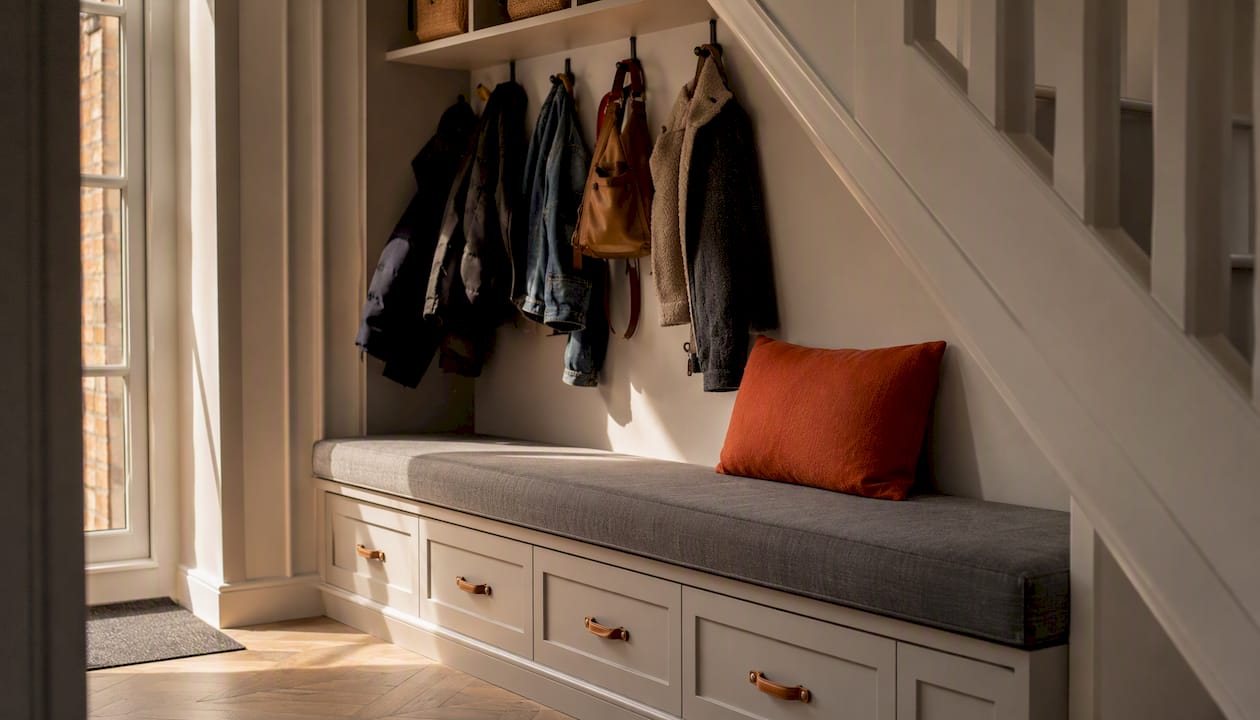 Upholstered bench with coat hooks under stairs