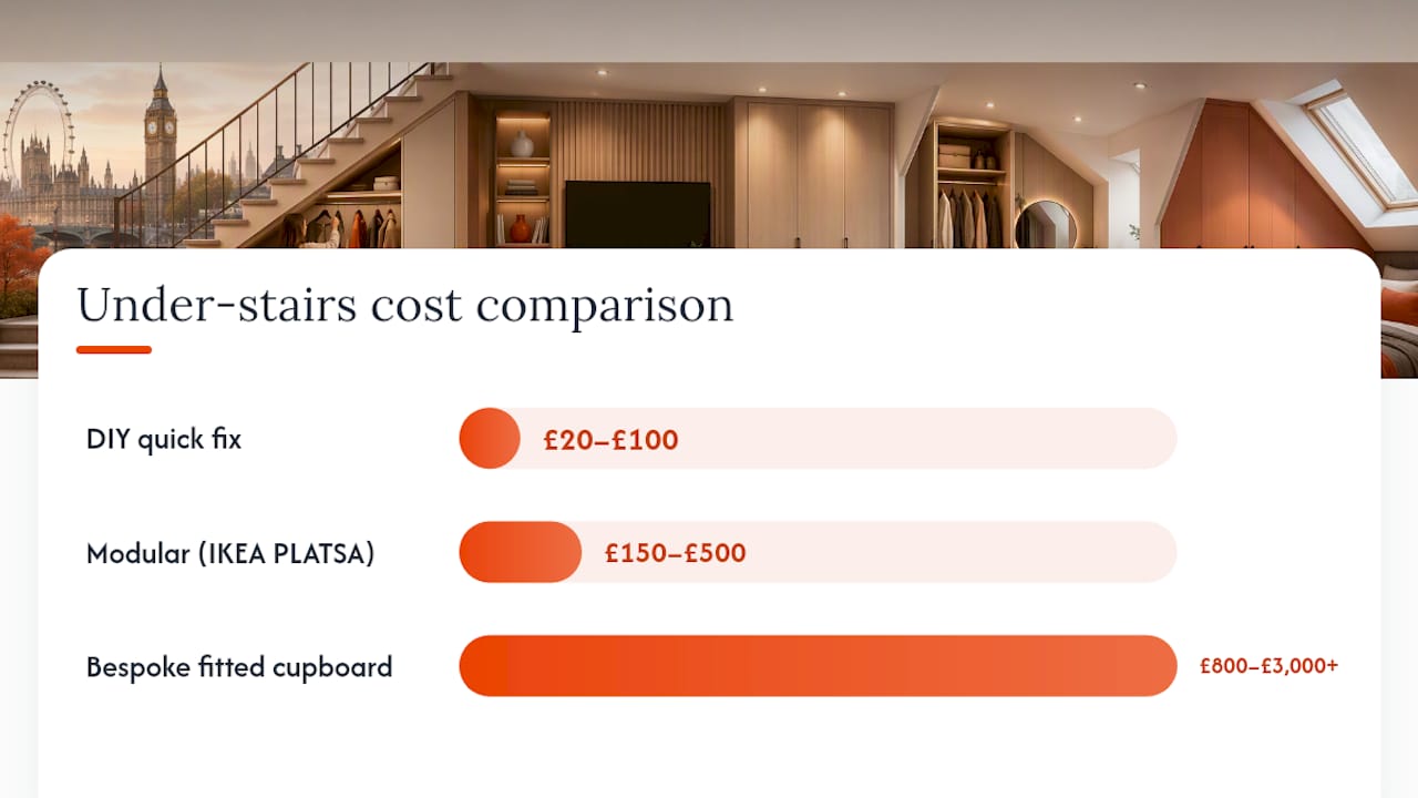 Comparison diagram of under stairs coat storage options costs and features