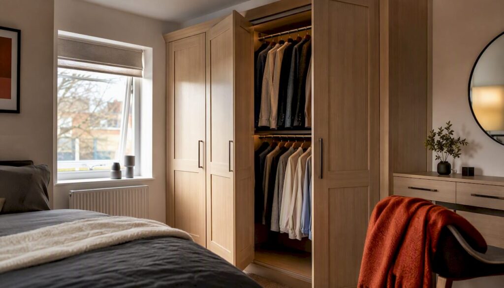 Shallow bespoke fitted wardrobe in a West London bedroom